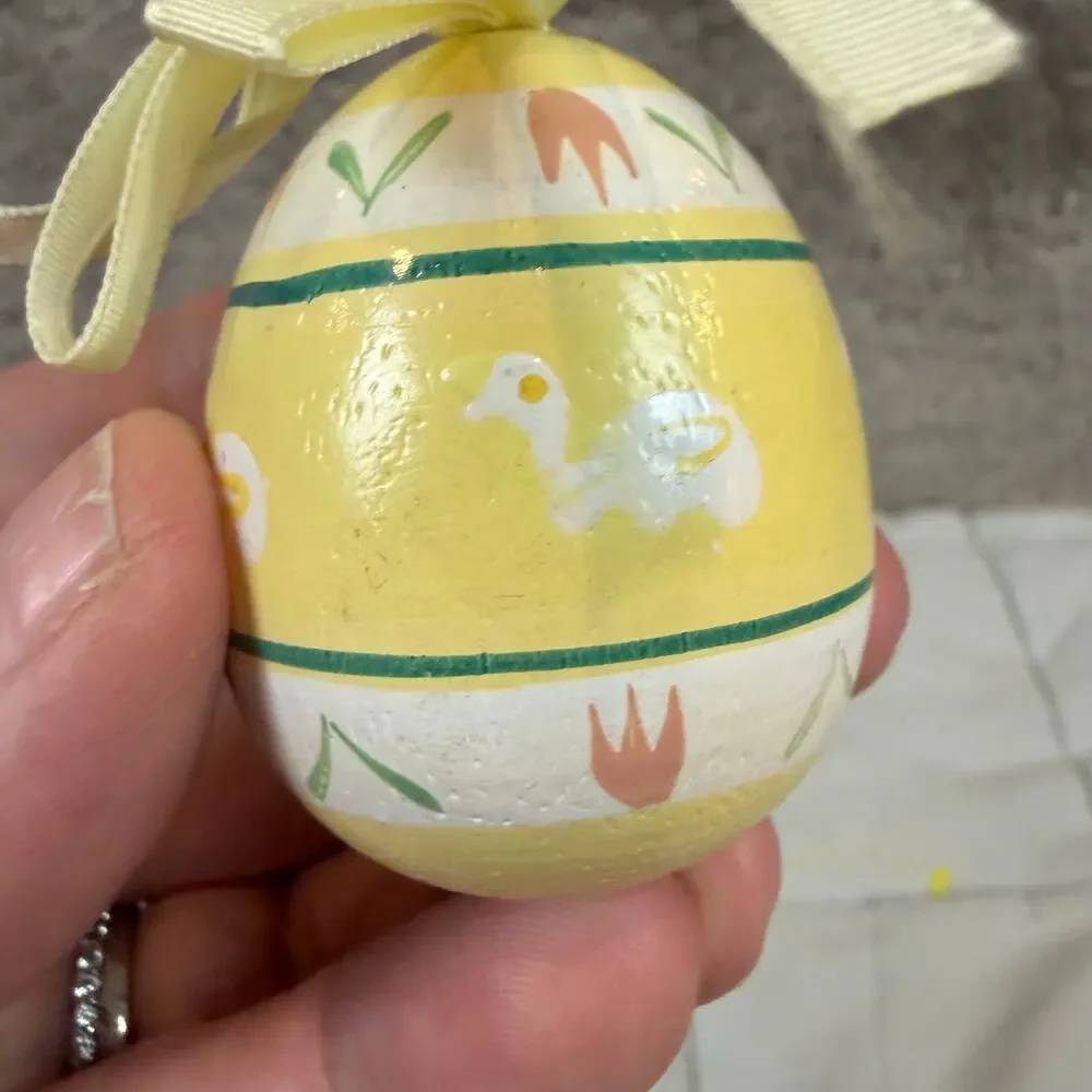 Vintage 80s Hand Decorated Wooden Easter Egg Ornament Yellow